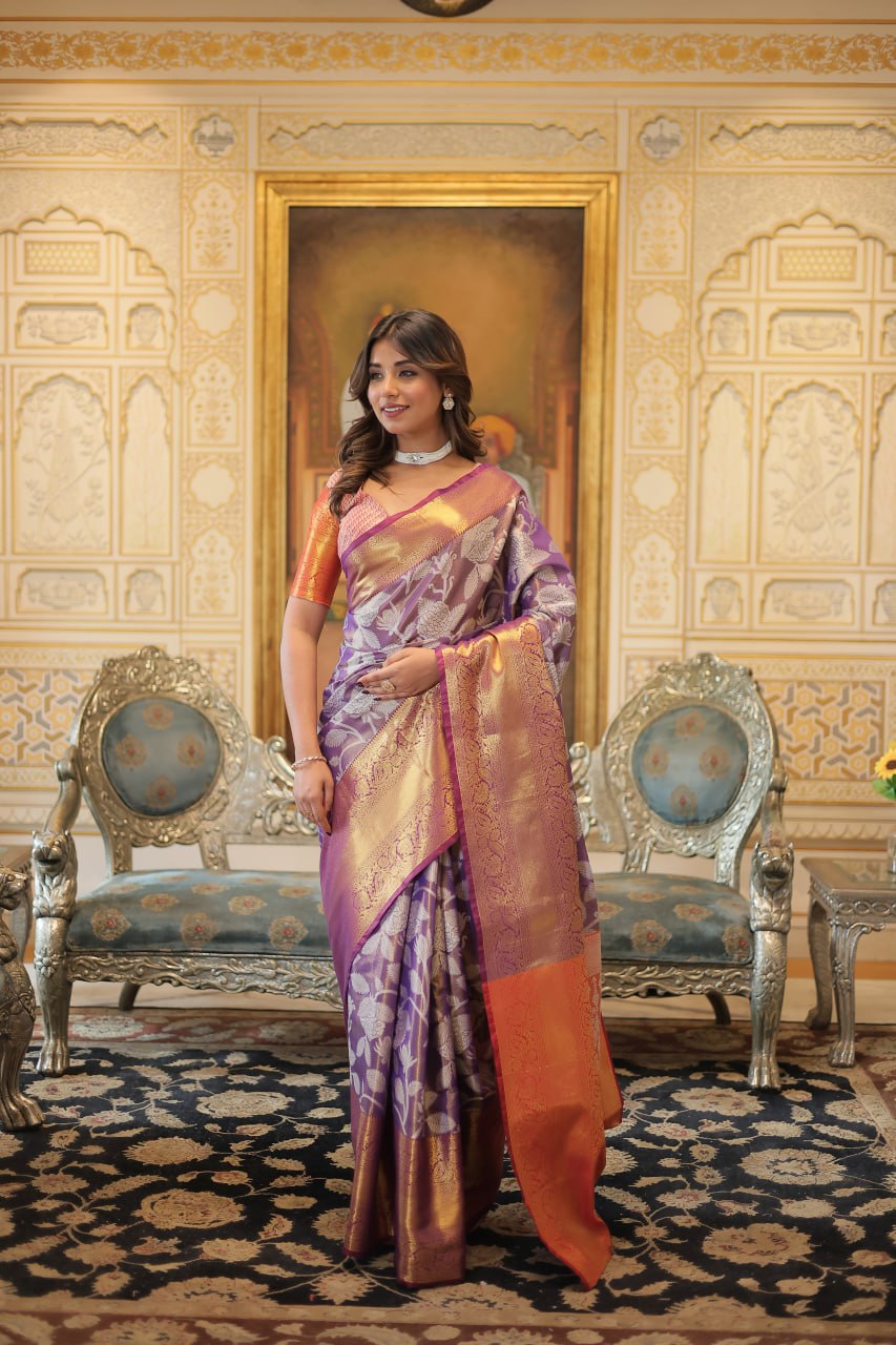 Exquisite Kanjivaram Silk Purple Saree with Zari Weaving Work ClothsVilla