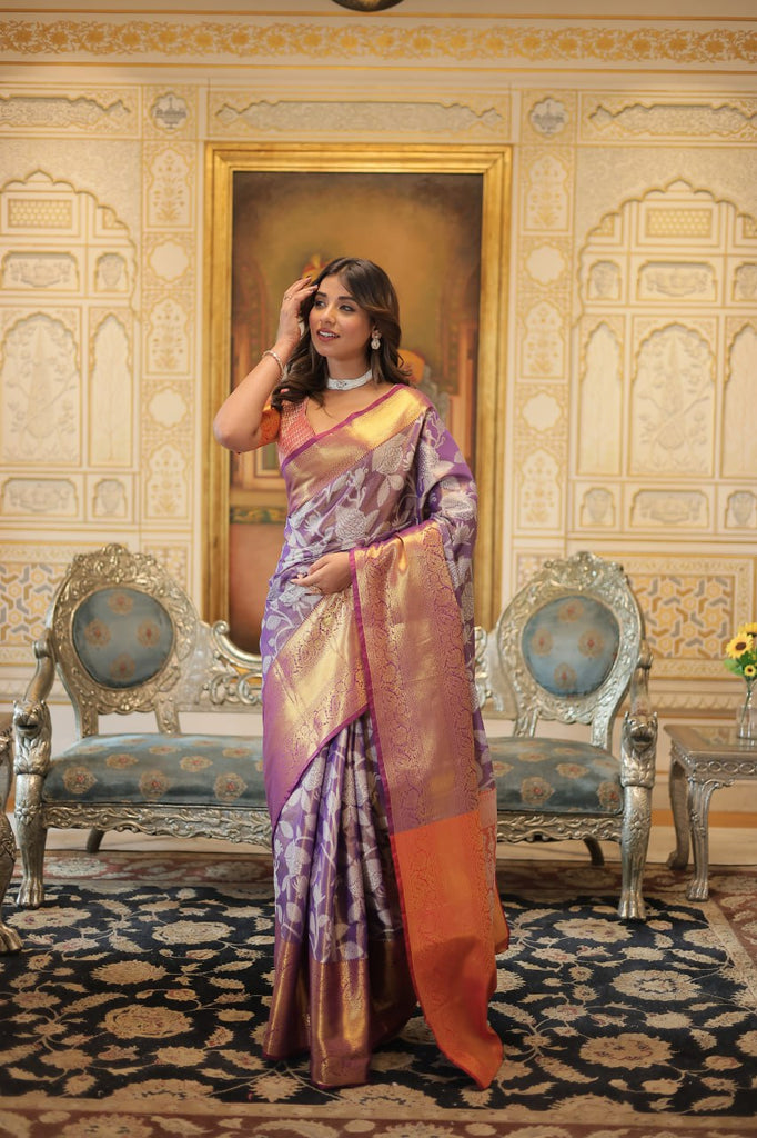 Exquisite Kanjivaram Silk Purple Saree with Zari Weaving Work ClothsVilla