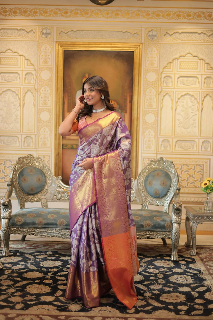 Exquisite Kanjivaram Silk Purple Saree with Zari Weaving Work ClothsVilla