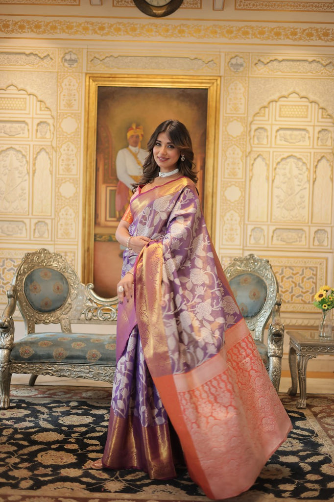 Exquisite Kanjivaram Silk Purple Saree with Zari Weaving Work ClothsVilla