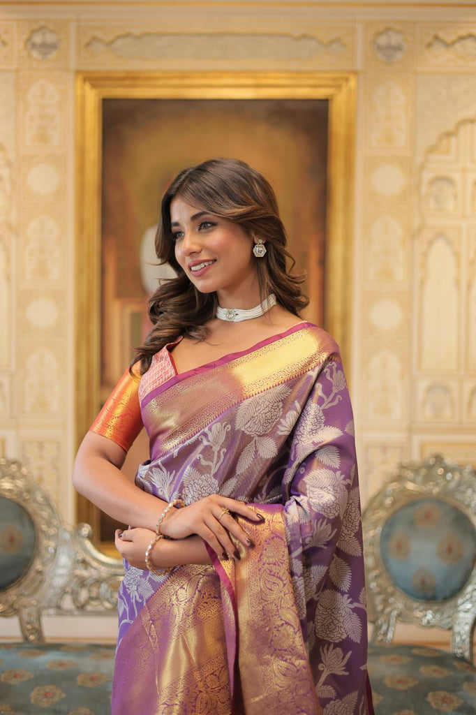 Exquisite Kanjivaram Silk Purple Saree with Zari Weaving Work ClothsVilla