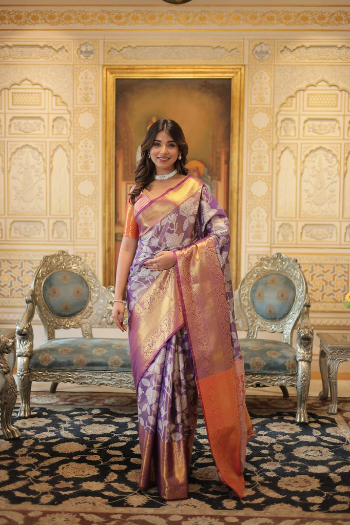 Exquisite Kanjivaram Silk Purple Saree with Zari Weaving Work ClothsVilla