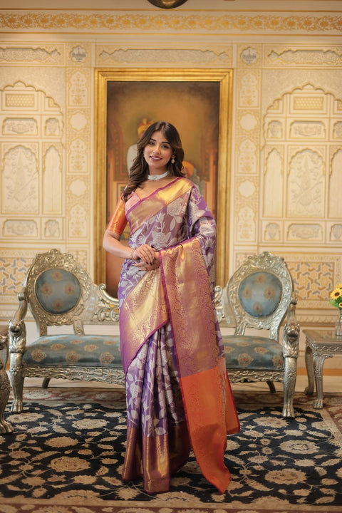 Exquisite Kanjivaram Silk Purple Saree with Zari Weaving Work ClothsVilla Main image