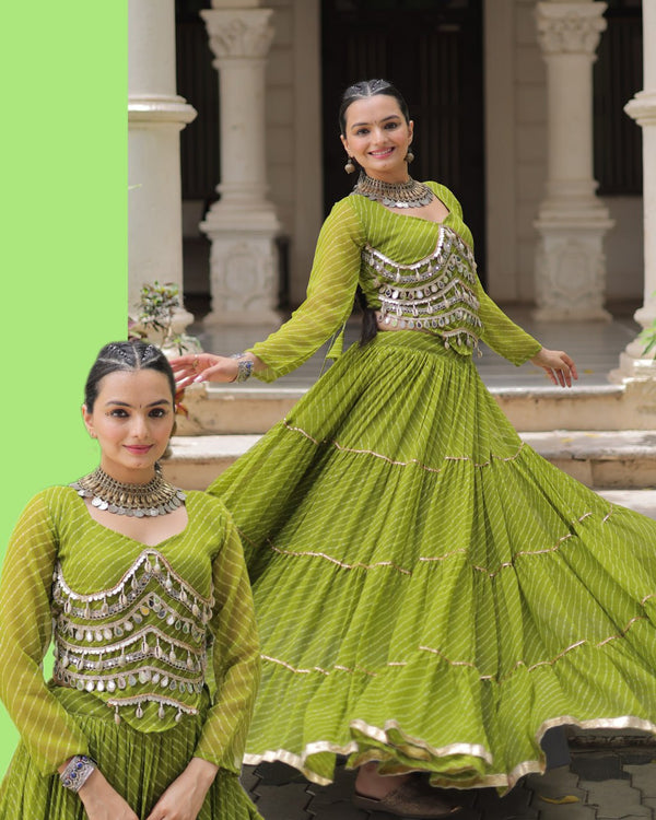Parrot Green Navratri Special Leheriya Print Lehenga Choli with 12 Mtr Flair & Mirror Lace Work ClothsVilla