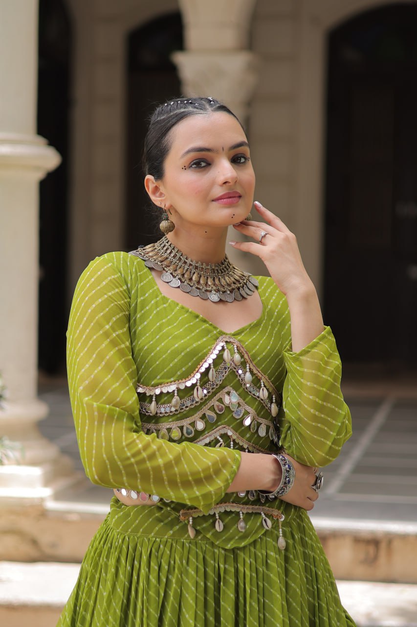 Parrot Green Navratri Special Leheriya Print Lehenga Choli with 12 Mtr Flair & Mirror Lace Work ClothsVilla