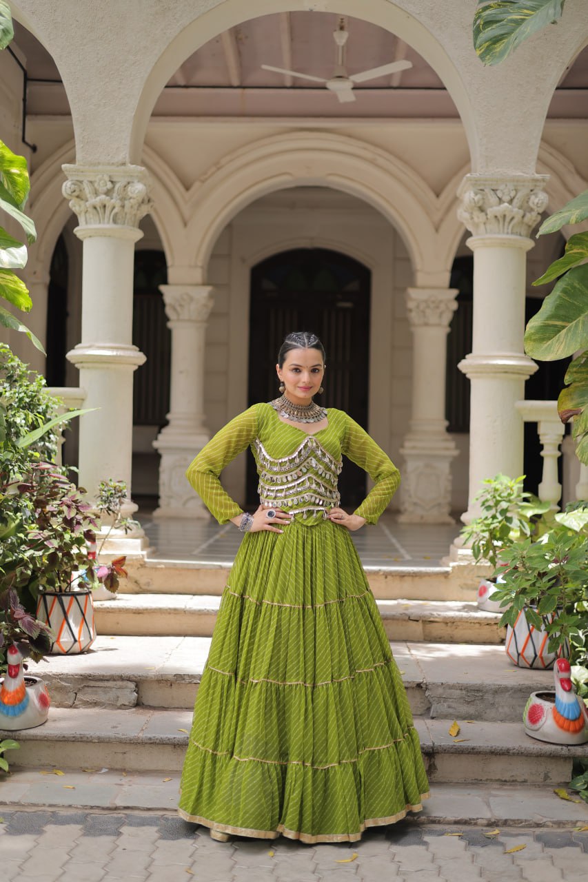 Parrot Green Navratri Special Leheriya Print Lehenga Choli with 12 Mtr Flair & Mirror Lace Work ClothsVilla