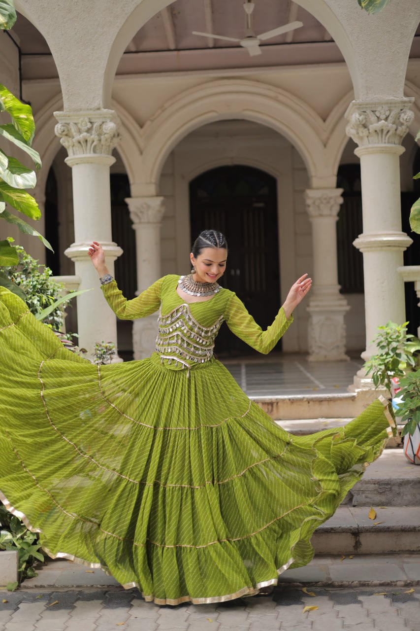 Parrot Green Navratri Special Leheriya Print Lehenga Choli with 12 Mtr Flair & Mirror Lace Work ClothsVilla