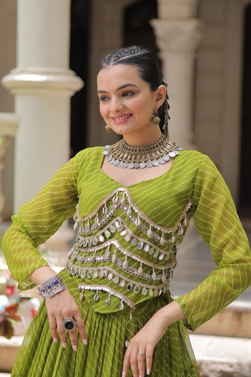 Parrot Green Navratri Special Leheriya Print Lehenga Choli with 12 Mtr Flair & Mirror Lace Work ClothsVilla