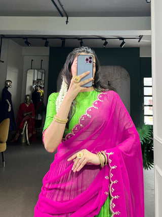 Parrot Green Traditional Poly Cotton Lehenga with Zari Weaving Work & Georgette Embroidered Dupatta – Stitched Lehenga with Unstitched Blouse Clothsvilla