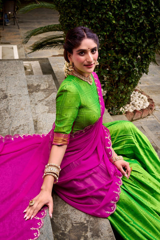Parrot Green Traditional Poly Cotton Lehenga with Zari Weaving Work & Georgette Embroidered Dupatta – Stitched Lehenga with Unstitched Blouse Clothsvilla