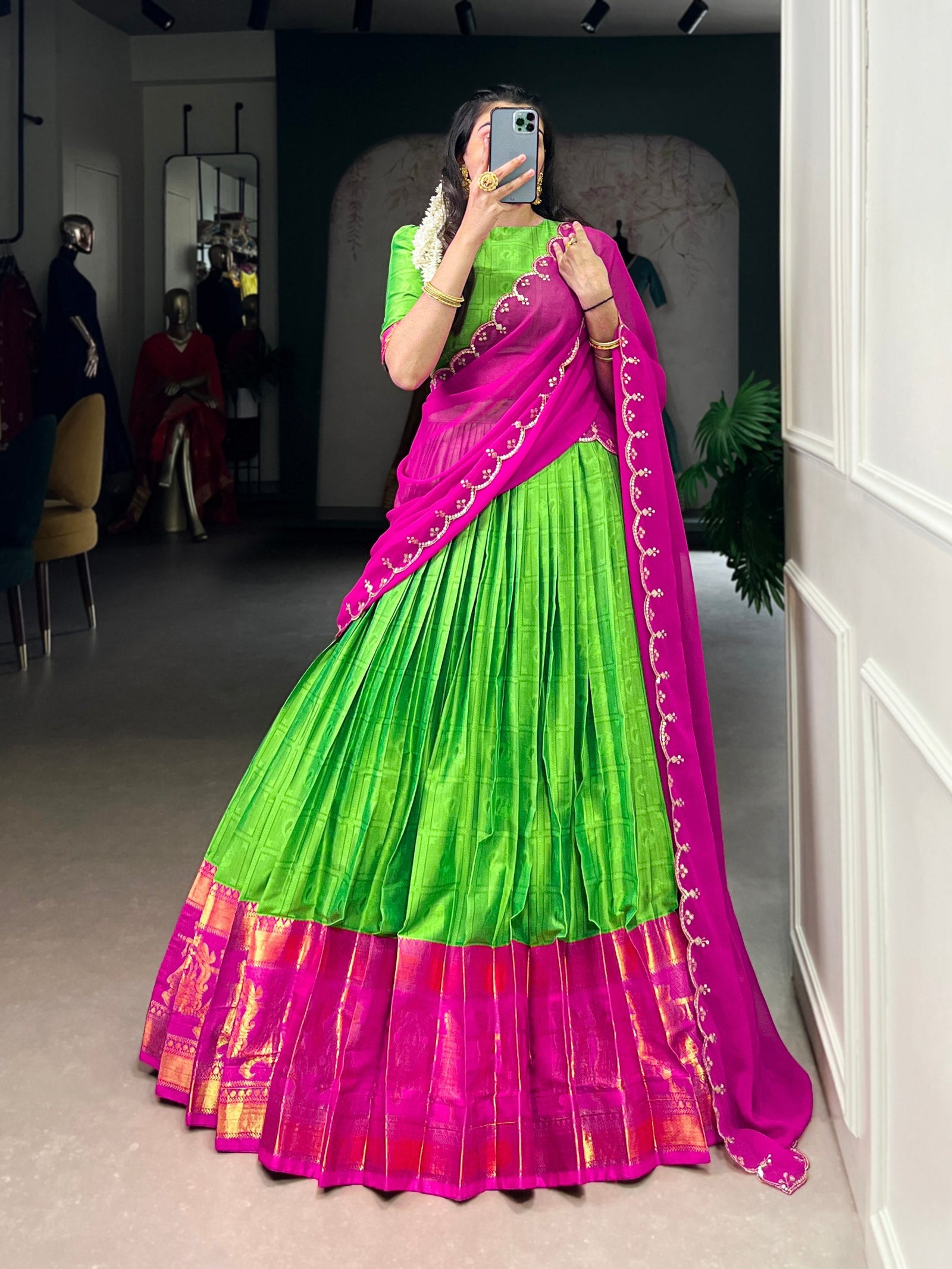 Parrot Green Traditional Poly Cotton Lehenga with Zari Weaving Work & Georgette Embroidered Dupatta – Stitched Lehenga with Unstitched Blouse Clothsvilla
