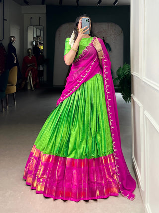 Parrot Green Traditional Poly Cotton Lehenga with Zari Weaving Work & Georgette Embroidered Dupatta – Stitched Lehenga with Unstitched Blouse Clothsvilla