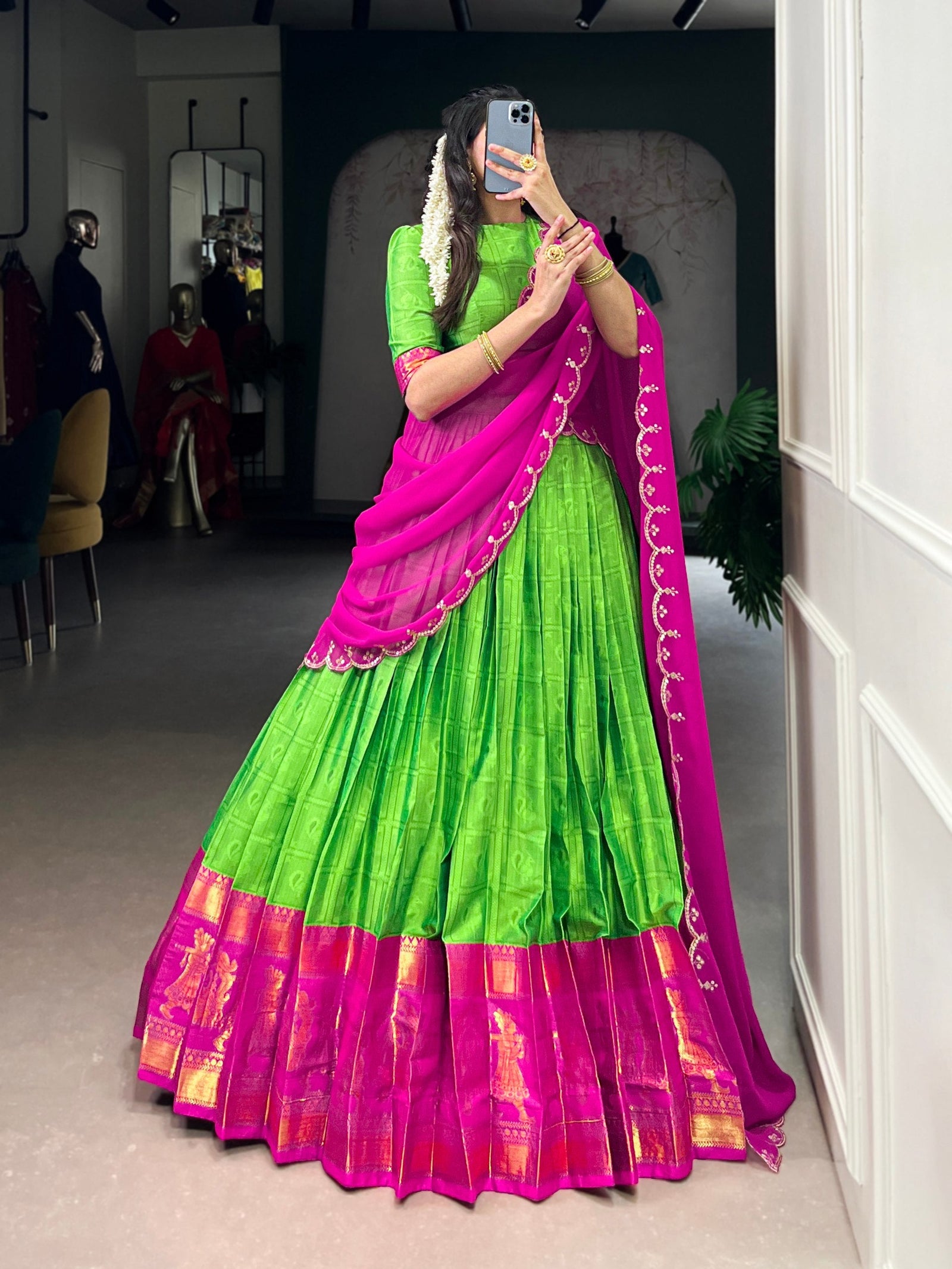 Parrot Green Traditional Poly Cotton Lehenga with Zari Weaving Work & Georgette Embroidered Dupatta – Stitched Lehenga with Unstitched Blouse Clothsvilla