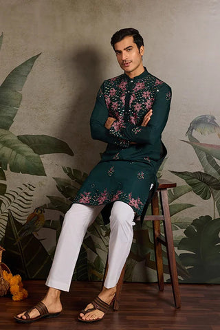Party Look Green Mirror Embroidered Kurta Set for Men Clothsvilla