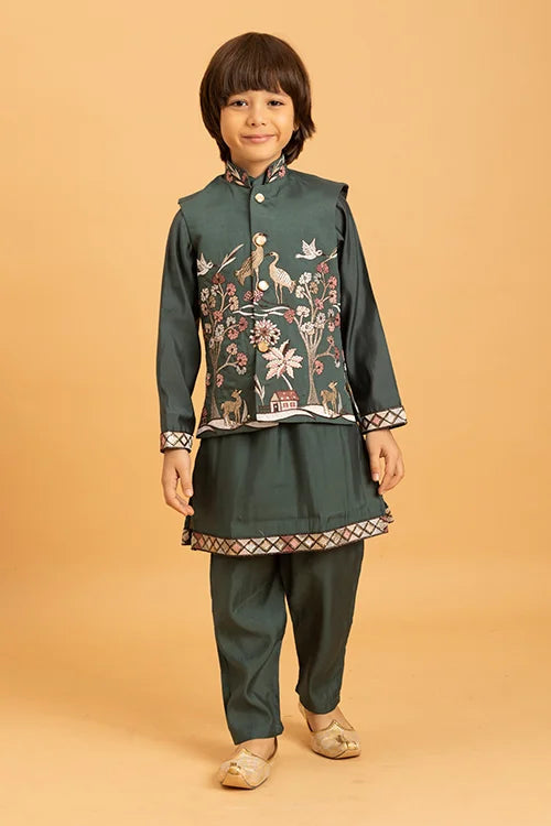 Party & Wedding Special Stylish Green Koti Kurta Set for Kids Clothsvilla