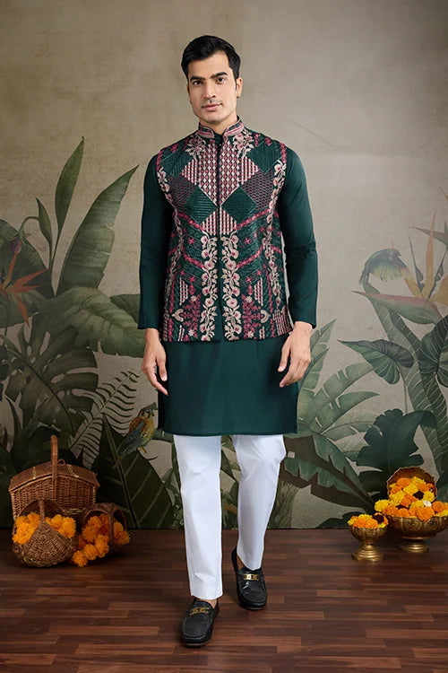 Indian ethnic wear Designer Green Kurta Koti Jacket Clothsvilla