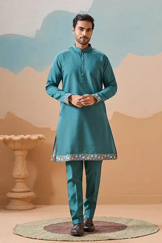 Wedding Party Outfit Rama Green Kurta Koti Pant for Men Clothsvilla