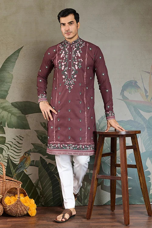Embroidered Pastel Chocolate Kurta for Men Wear Clothsvilla Main image