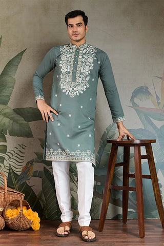 Pastel Pista Viscose Silk Embroidered Kurta for Men Clothsvilla
