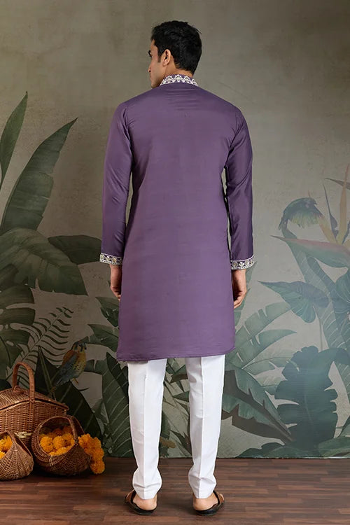 Pastel Purple Embroidered Viscose Silk Kurta Set Clothsvilla