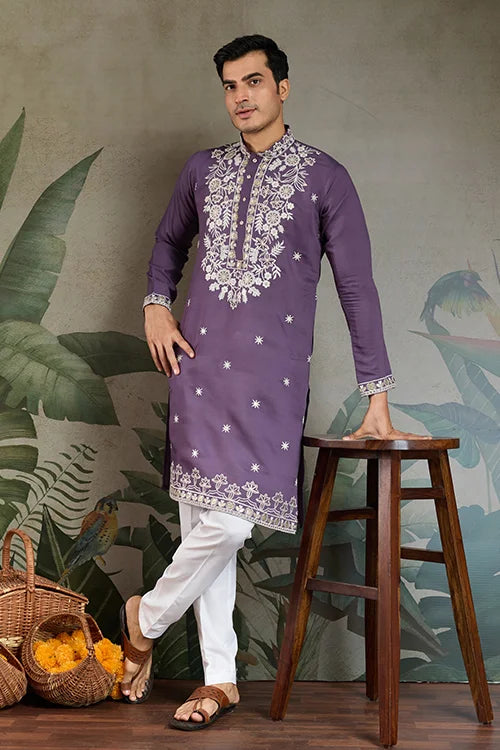 Pastel Purple Embroidered Viscose Silk Kurta Set Clothsvilla