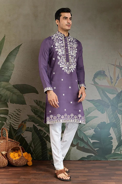 Pastel Purple Embroidered Viscose Silk Kurta Set Clothsvilla