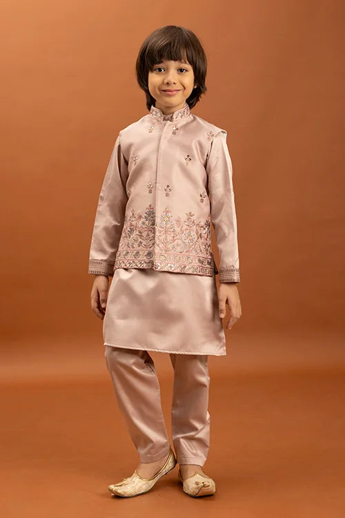 Wedding Special Peach Mirror Work Koti Kurta for Boys Clothsvilla