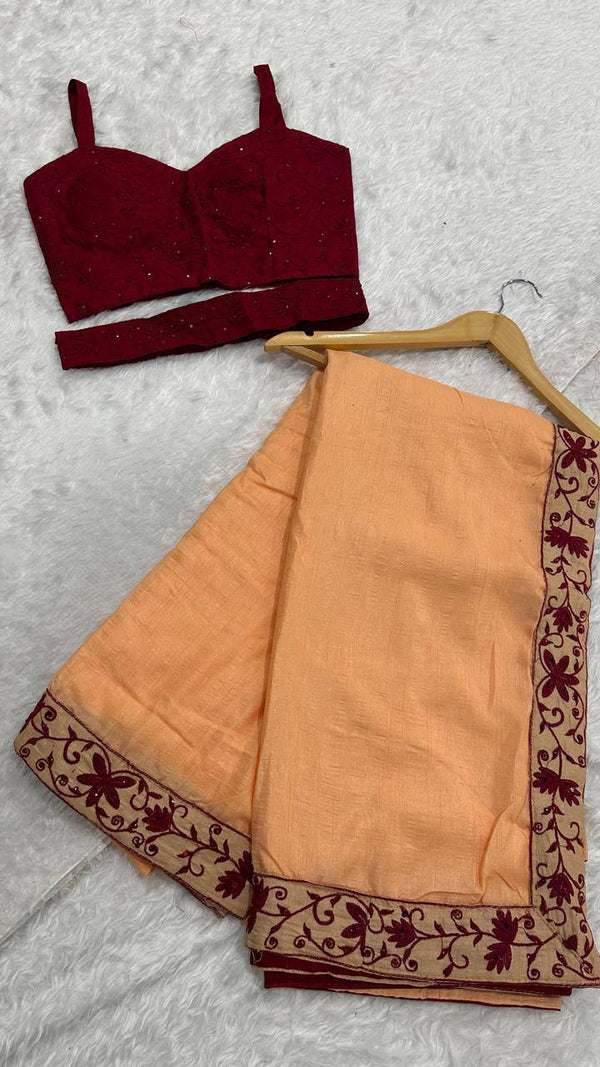 Peach Dolla Silk Saree with Thread & Stone Border and Banglori Satin Blouse ClothsVilla