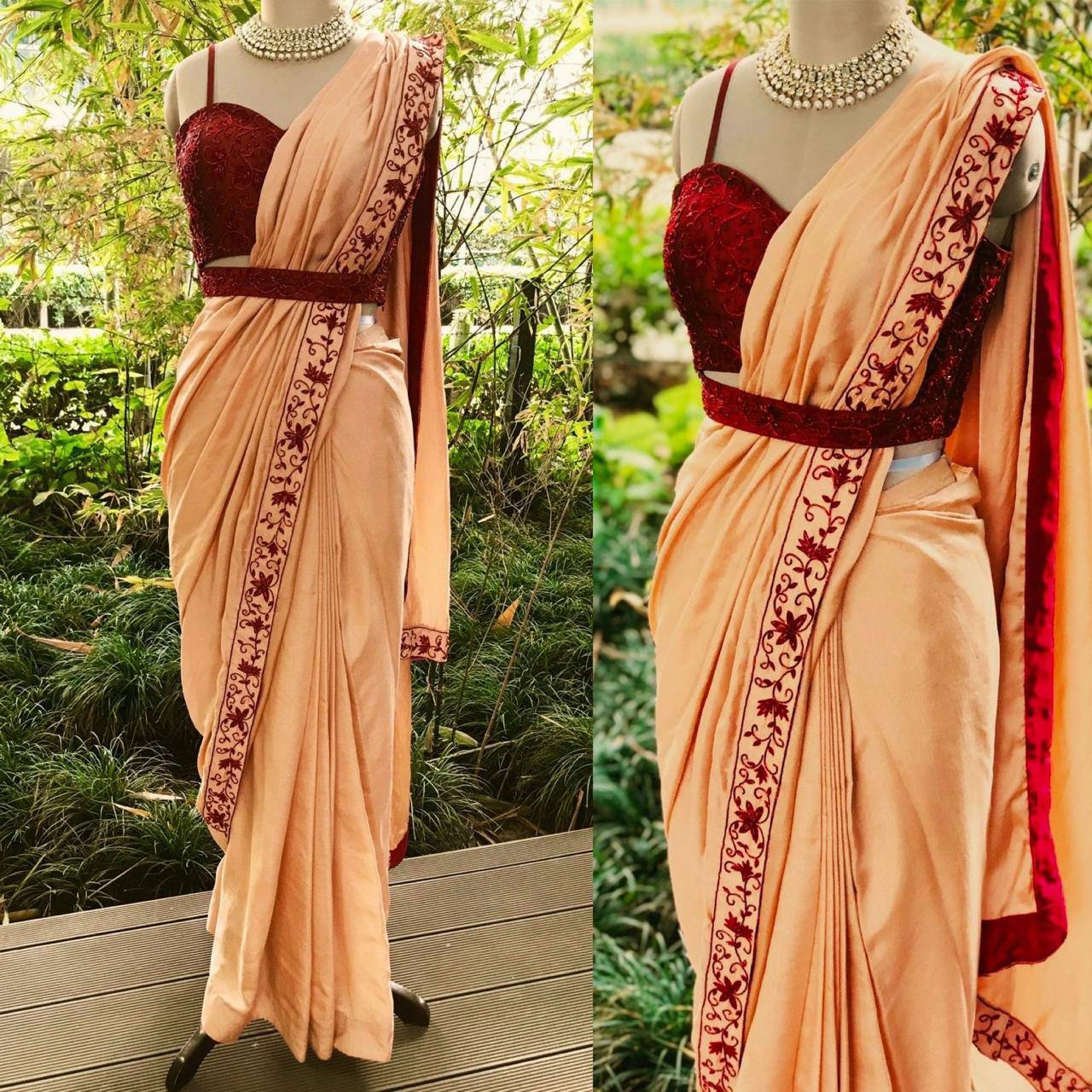 Peach Dolla Silk Saree with Thread & Stone Border and Banglori Satin Blouse ClothsVilla