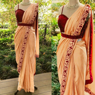 Peach Dolla Silk Saree with Thread & Stone Border and Banglori Satin Blouse ClothsVilla