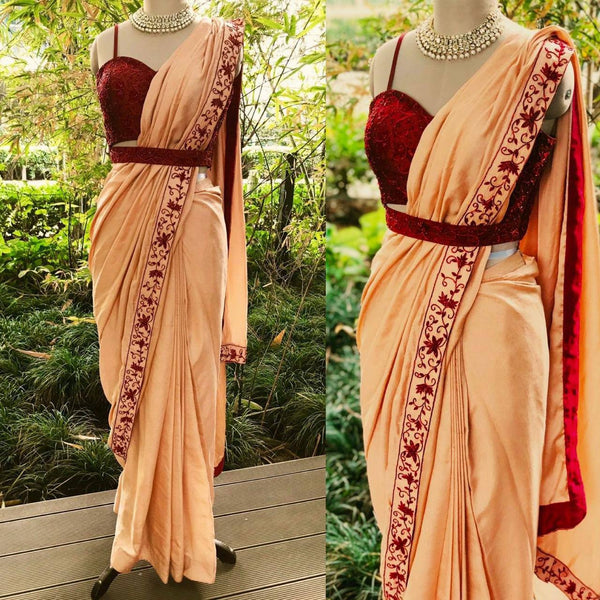 Peach Dolla Silk Saree with Thread & Stone Border and Banglori Satin Blouse ClothsVilla