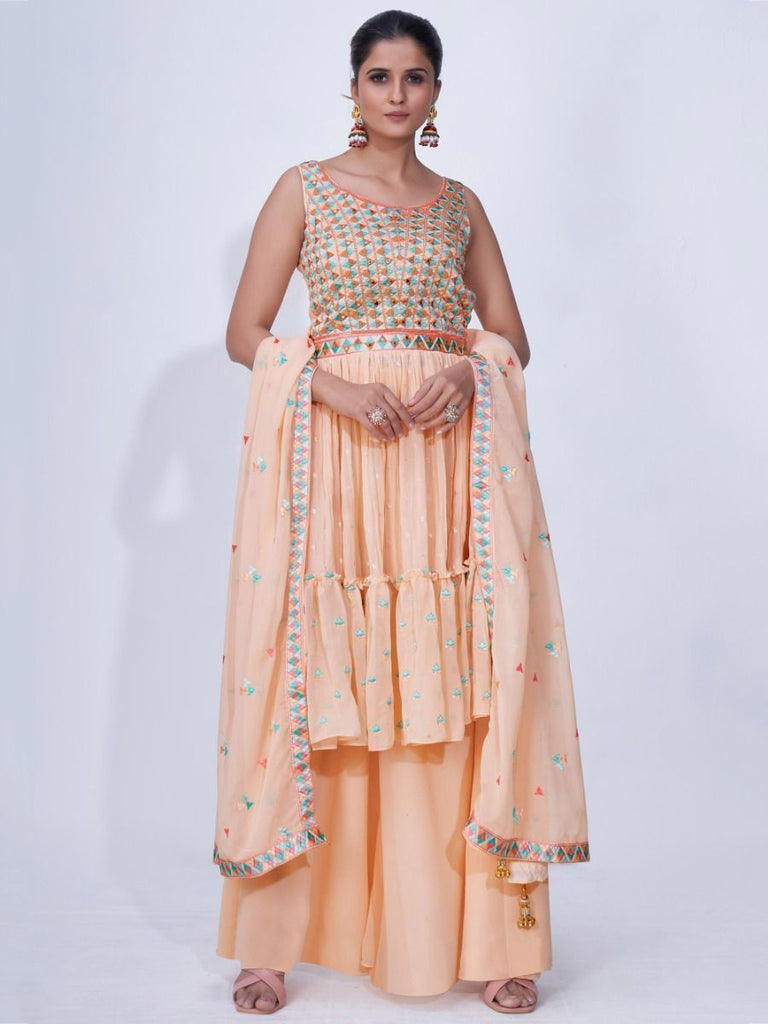 Peach Mirror Work Multi Embroidery Chiffon Palazzo Suit Clothsvilla