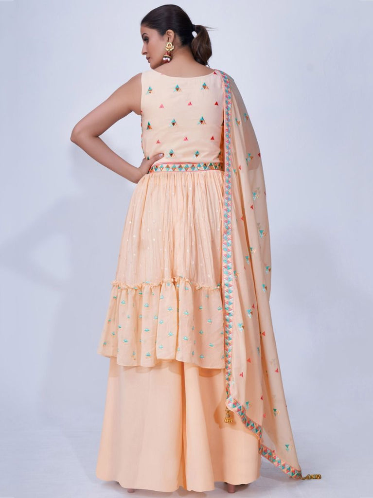 Peach Mirror Work Multi Embroidery Chiffon Palazzo Suit Clothsvilla