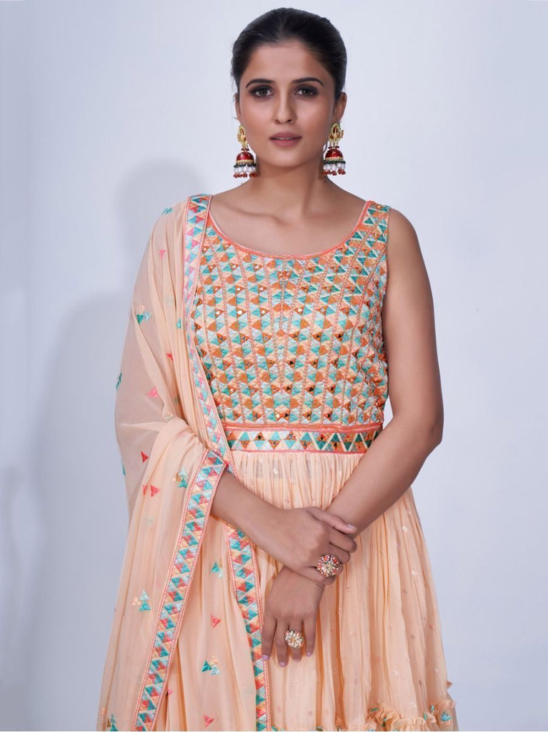 Peach Mirror Work Multi Embroidery Chiffon Palazzo Suit Clothsvilla