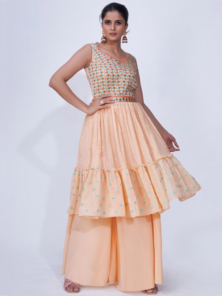 Peach Mirror Work Multi Embroidery Chiffon Palazzo Suit Clothsvilla