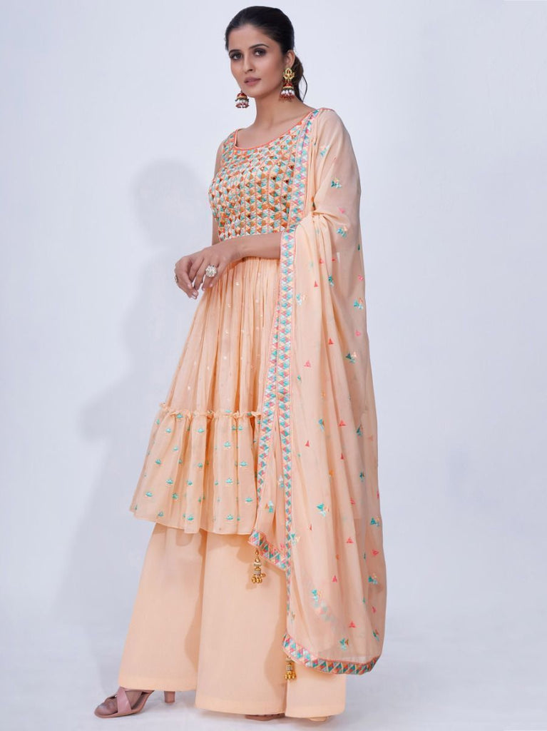 Peach Mirror Work Multi Embroidery Chiffon Palazzo Suit Clothsvilla