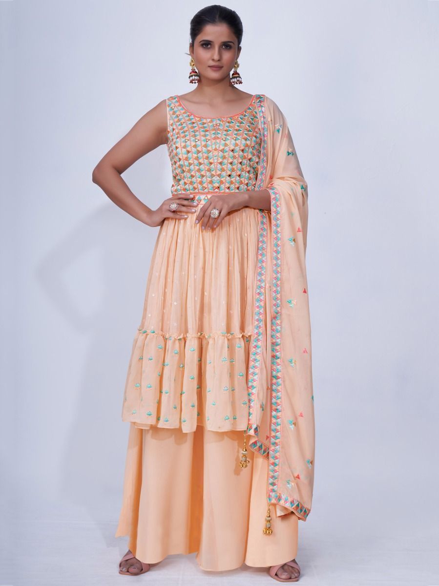 Peach Mirror Work Multi Embroidery Chiffon Palazzo Suit Secondary image