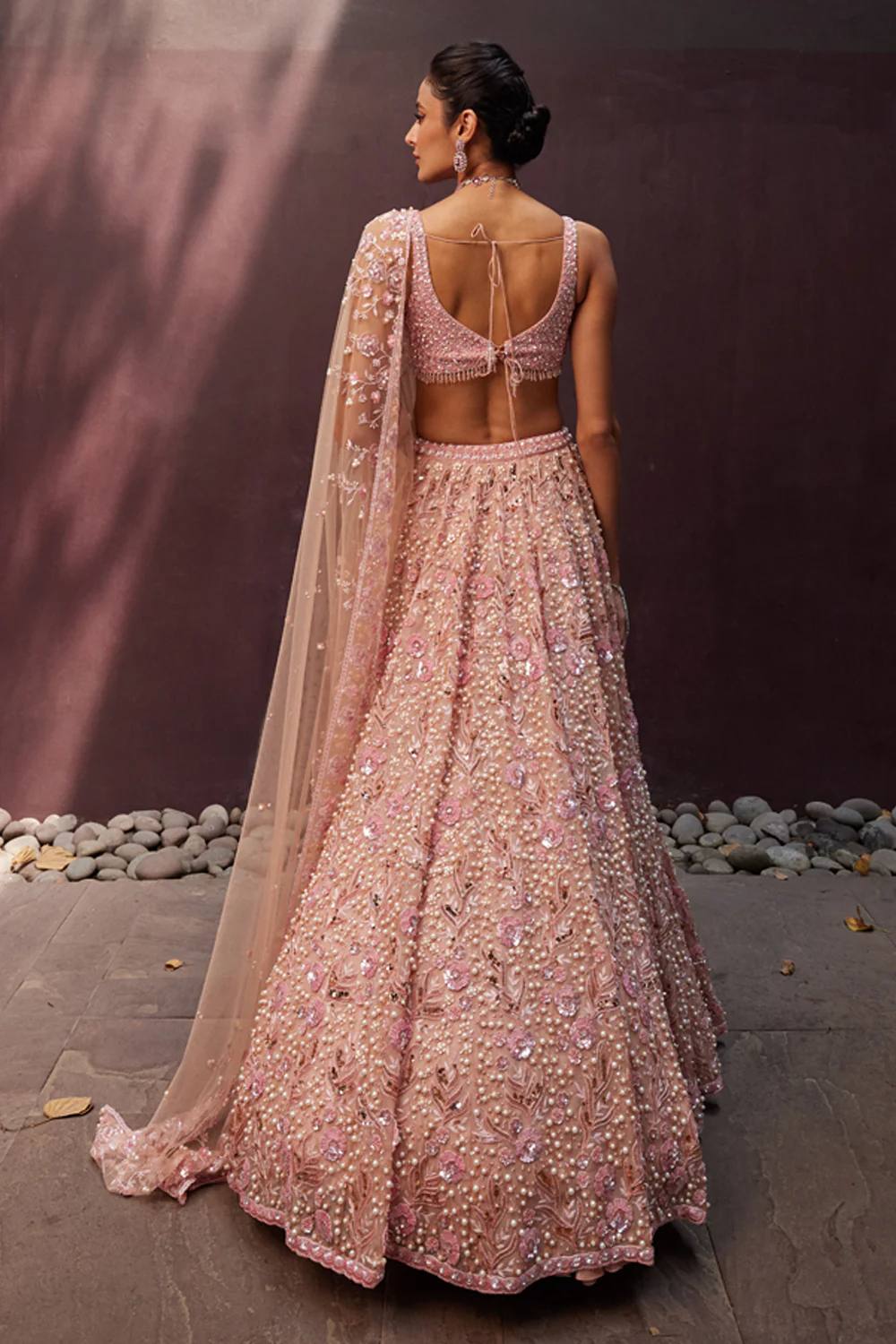 Peach Pastel Georgette Lehenga Set with Sequins, Dori & Pearl Beads Work ClothsVilla