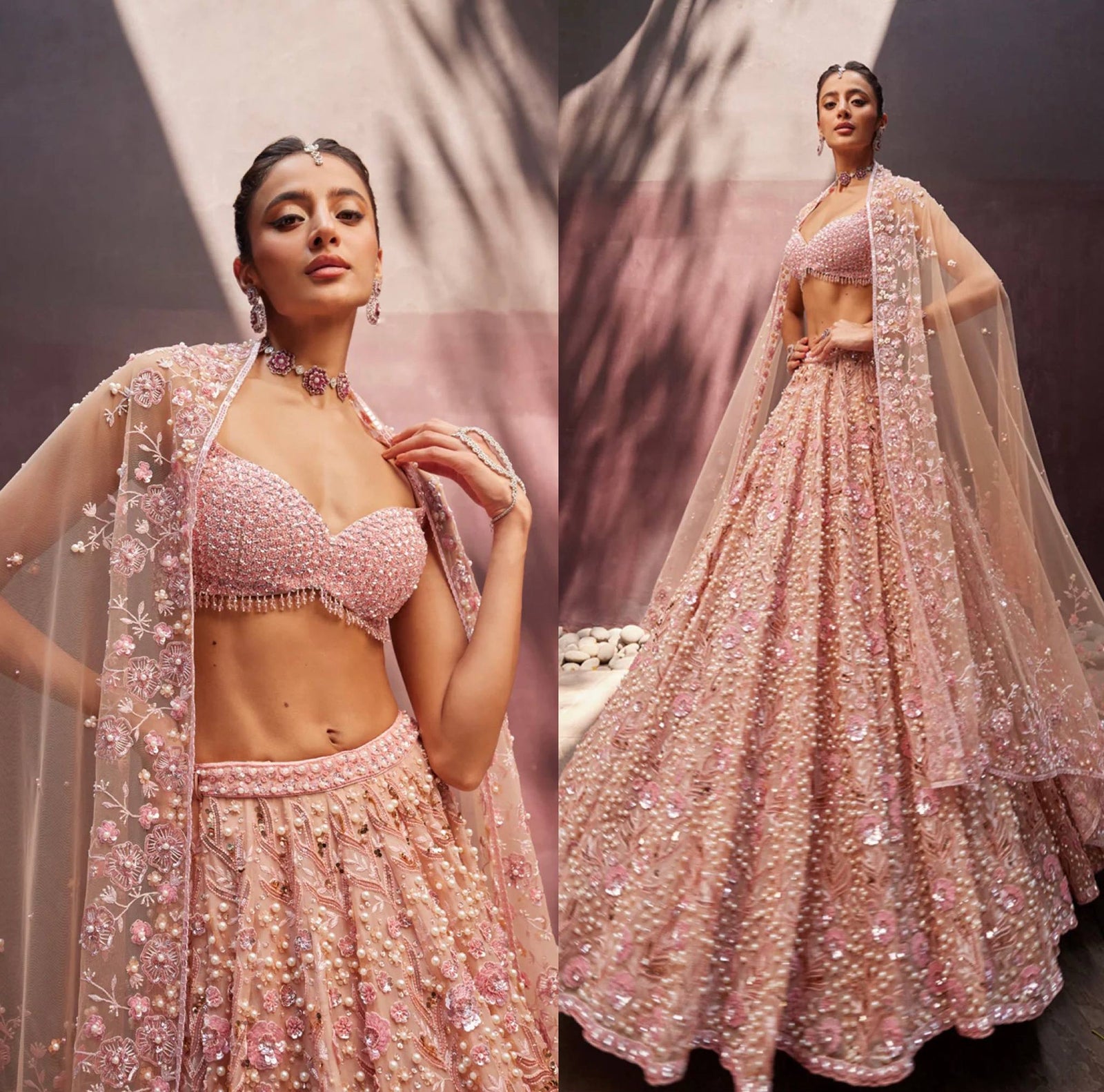 Peach Pastel Georgette Lehenga Set with Sequins, Dori & Pearl Beads Work ClothsVilla