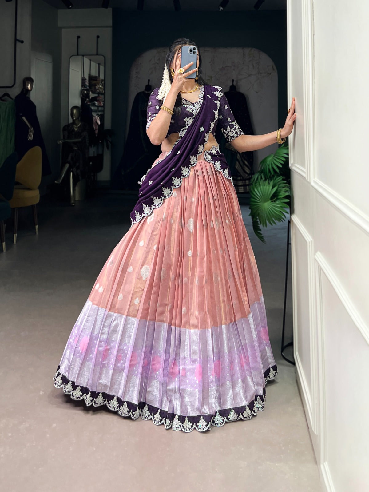 Peach Zari Kota Embroidered Lehenga Set with Vichitra Silk Dupatta – Sequins & Thread Work, Unstitched Blouse Clothsvilla