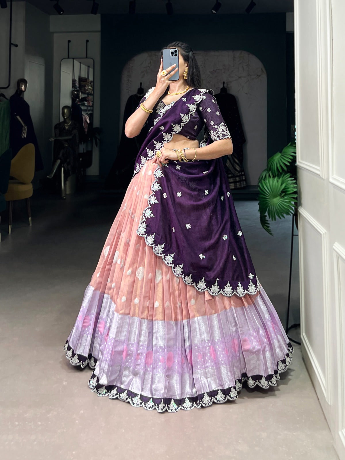 Peach Zari Kota Embroidered Lehenga Set with Vichitra Silk Dupatta – Sequins & Thread Work, Unstitched Blouse Clothsvilla
