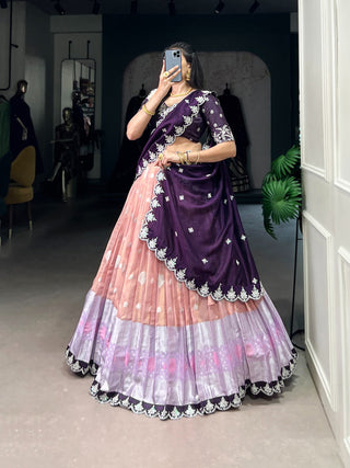 Peach Zari Kota Embroidered Lehenga Set with Vichitra Silk Dupatta – Sequins & Thread Work, Unstitched Blouse Clothsvilla
