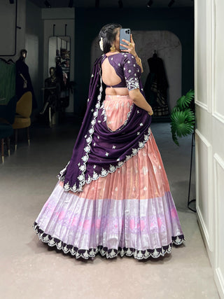 Peach Zari Kota Embroidered Lehenga Set with Vichitra Silk Dupatta – Sequins & Thread Work, Unstitched Blouse Clothsvilla