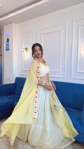 Pestel Yellow Georgette Lehenga Set with Embroidered Koti & Unstitched Blouse – Sequins, Thread & Dori Work ClothsVilla
