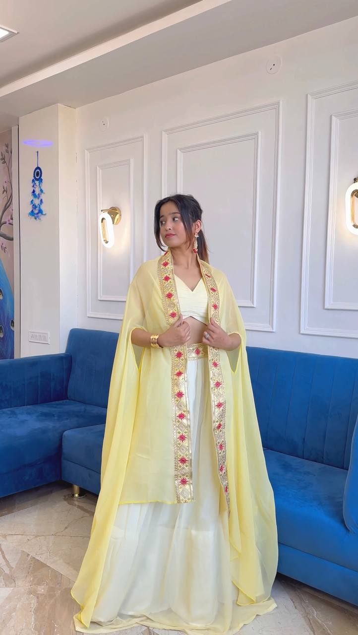 Pestel Yellow Georgette Lehenga Set with Embroidered Koti & Unstitched Blouse – Sequins, Thread & Dori Work ClothsVilla