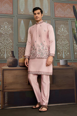 Pink Unique Color Embroidered Koti Kurta Pajama for Mens Clothsvilla