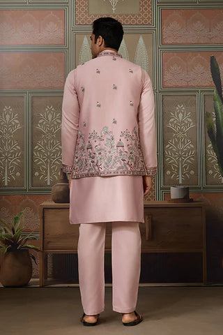 Pink Unique Color Embroidered Koti Kurta Pajama for Mens Clothsvilla