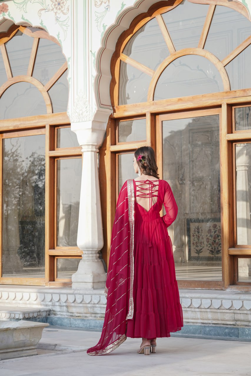 Alluring Rani Pink Faux Georgette Gown with Sequined Dupatta ClothsVilla
