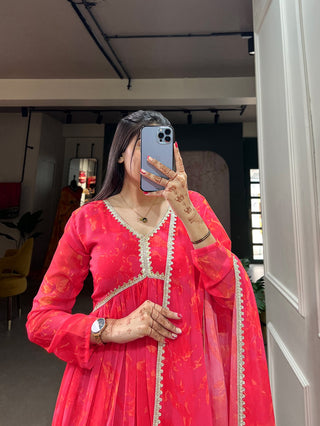Pink Floral Print Gown with Sequins & Dupatta ClothsVilla