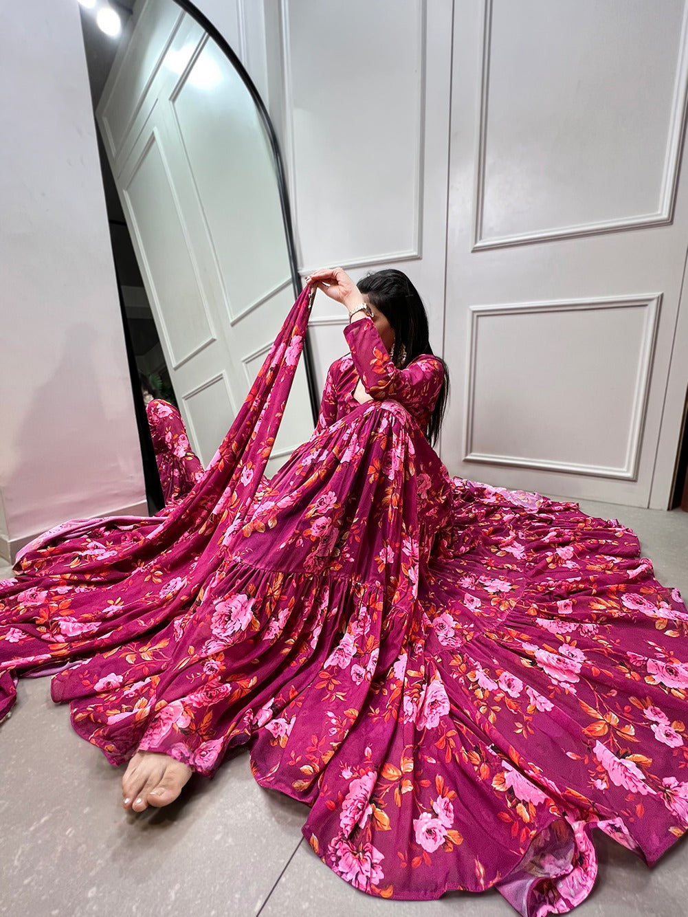 Vibrant Pink Floral Print Ready-To-Wear Gown ClothsVilla